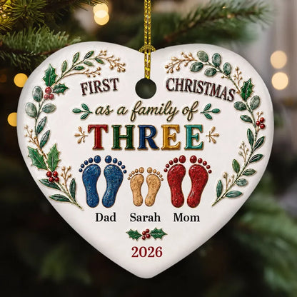 First Christmas as a Family of Three - Personalized Ceramic Heart Ornament Gift