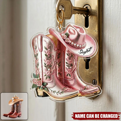 Personalized Western Boot Acrylic Keychain - Custom Cowboy Boots Hat Name Gift