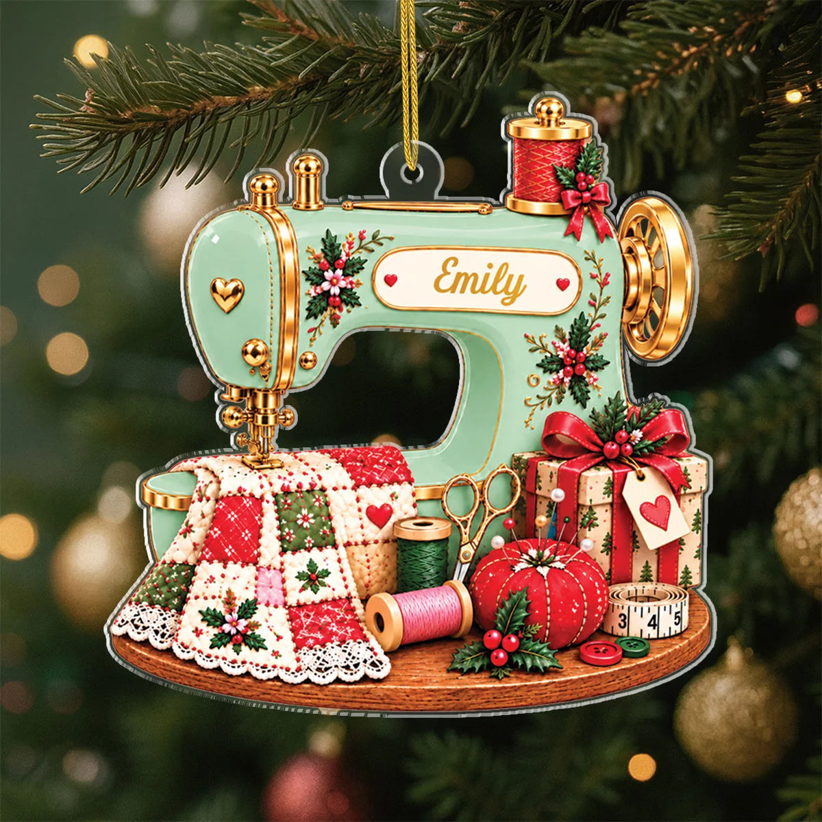 Vintage Sewing Machine Acrylic Ornament - Personalized Quilter Christmas Gift