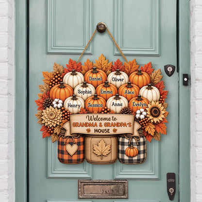 Welcome to Grandma & Grandpa's House - Personalized Fall Pumpkin Wood Sign for Grandparents