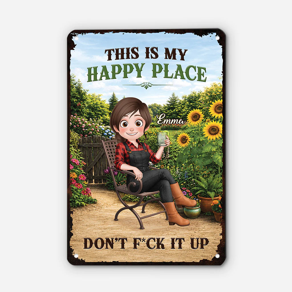 Personalized gardening metal sign with custom name character and funny happy place quote