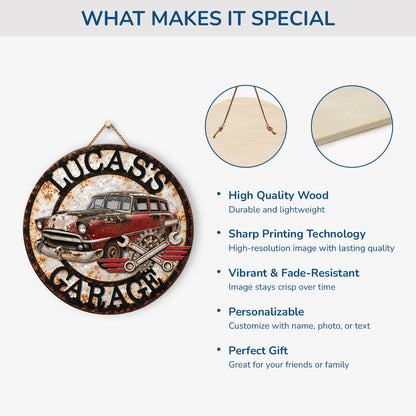 Vintage Car Garage Sign - Personalized Wood Sign Gift for Dad & Husband Workshop