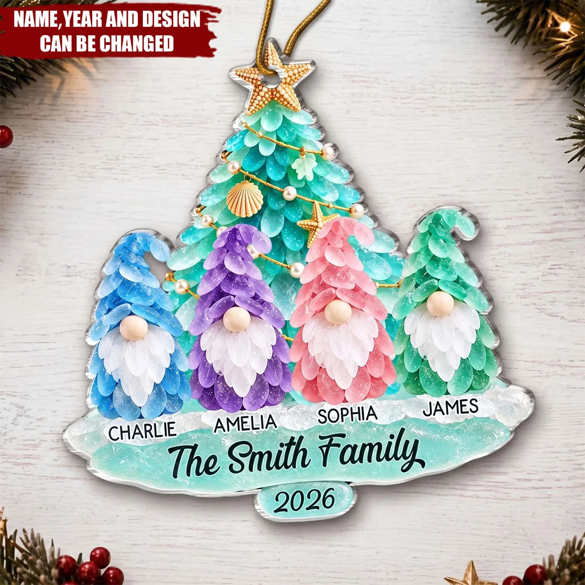 Personalized Coastal Christmas Ornament - Custom Sea Glass Gnome Tree Gift for Family