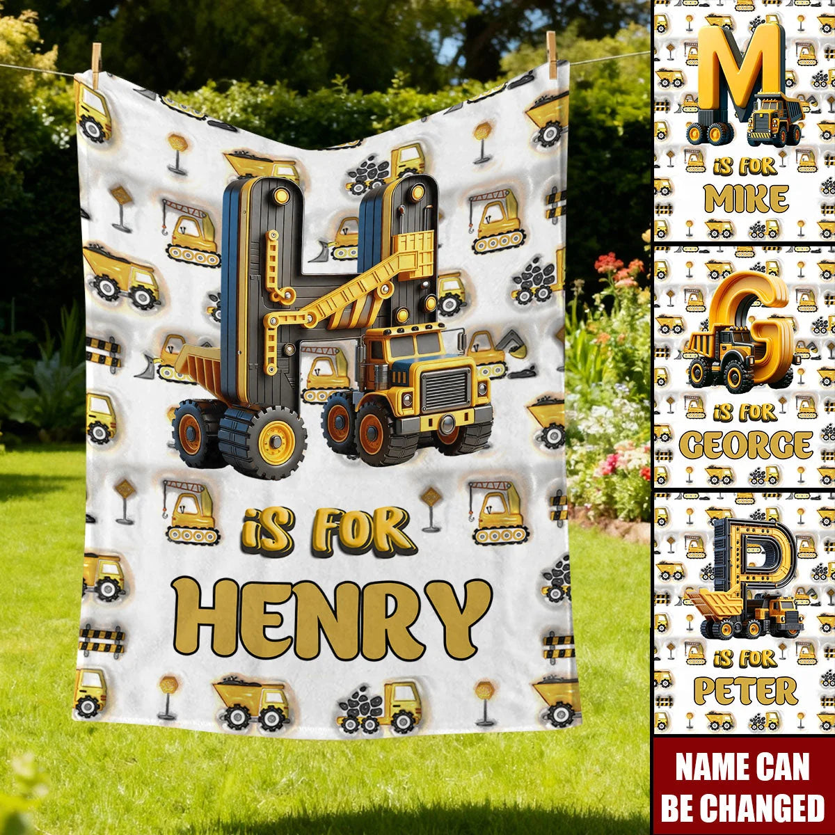 Personalized Construction Vehicle Letter Blanket - Custom Name Throw Gift for Kids