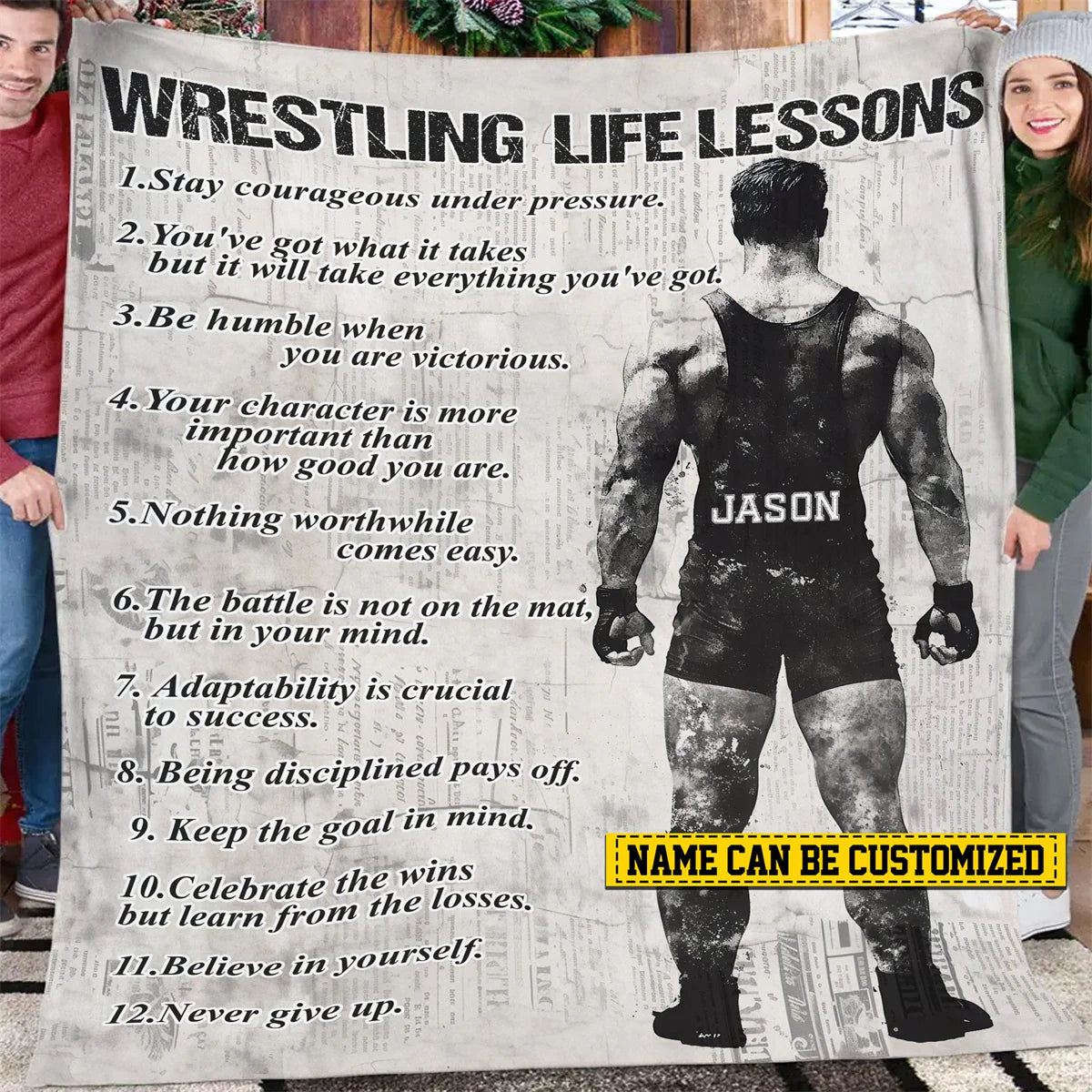 Personalized wrestling blanket with life lessons for boys and custom wrestler name print
