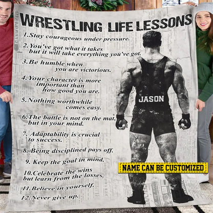 Personalized wrestling blanket with life lessons for boys and custom wrestler name print