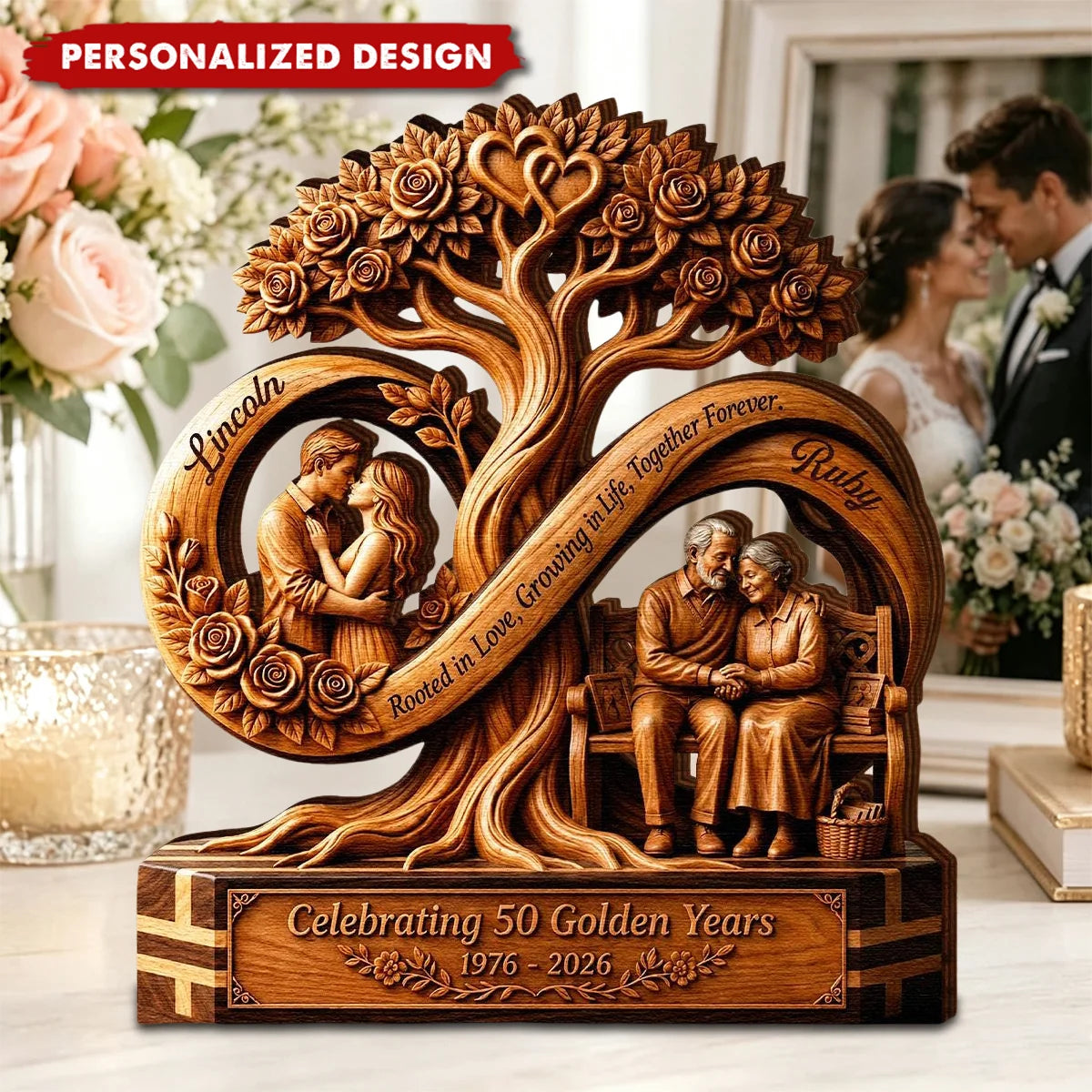 Rooted in Love Personalized Infinity Tree Wooden Block - Custom 50th Anniversary Gift for Couple