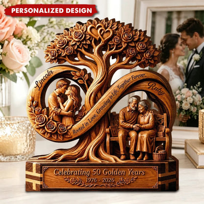 Rooted in Love Personalized Infinity Tree Wooden Block - Custom 50th Anniversary Gift for Couple