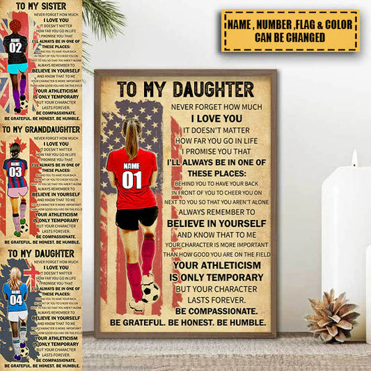 Personalized soccer wall art for daughter with custom name and number on an American flag canvas background.