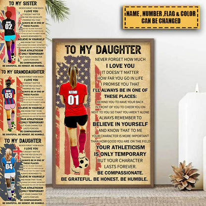 Personalized soccer wall art for daughter with custom name and number on an American flag canvas background.