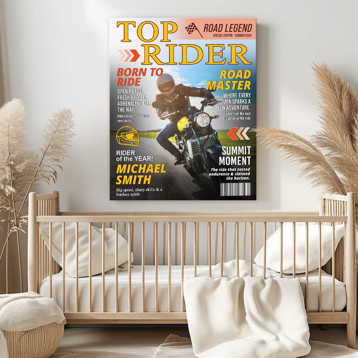 Custom motorcycle magazine canvas cover print featuring a personalized biker portrait and rider name. image 6