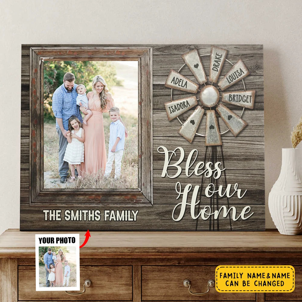 Bless Our Home Personalized Canvas / Poster - Custom Family Photo Rustic Wall Art