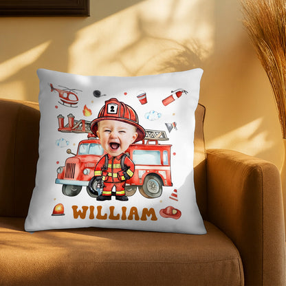 Personalized Firefighter Photo Pillow - Custom Little Heroes Name Throw Pillow Gift for Boys Kids Bedroom Decor