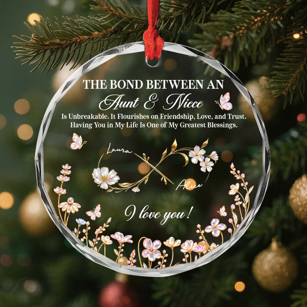 The Bond Between An Aunt & Niece Personalized Glass Ornament - Custom Birth Month Flower Keepsake Gift for Aunt