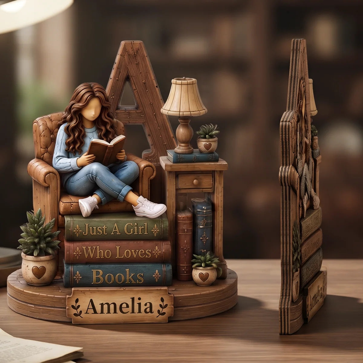 "Just A Girl Who Loves Books" Custom Name Wooden Block - Personalized Gift for Book Lovers