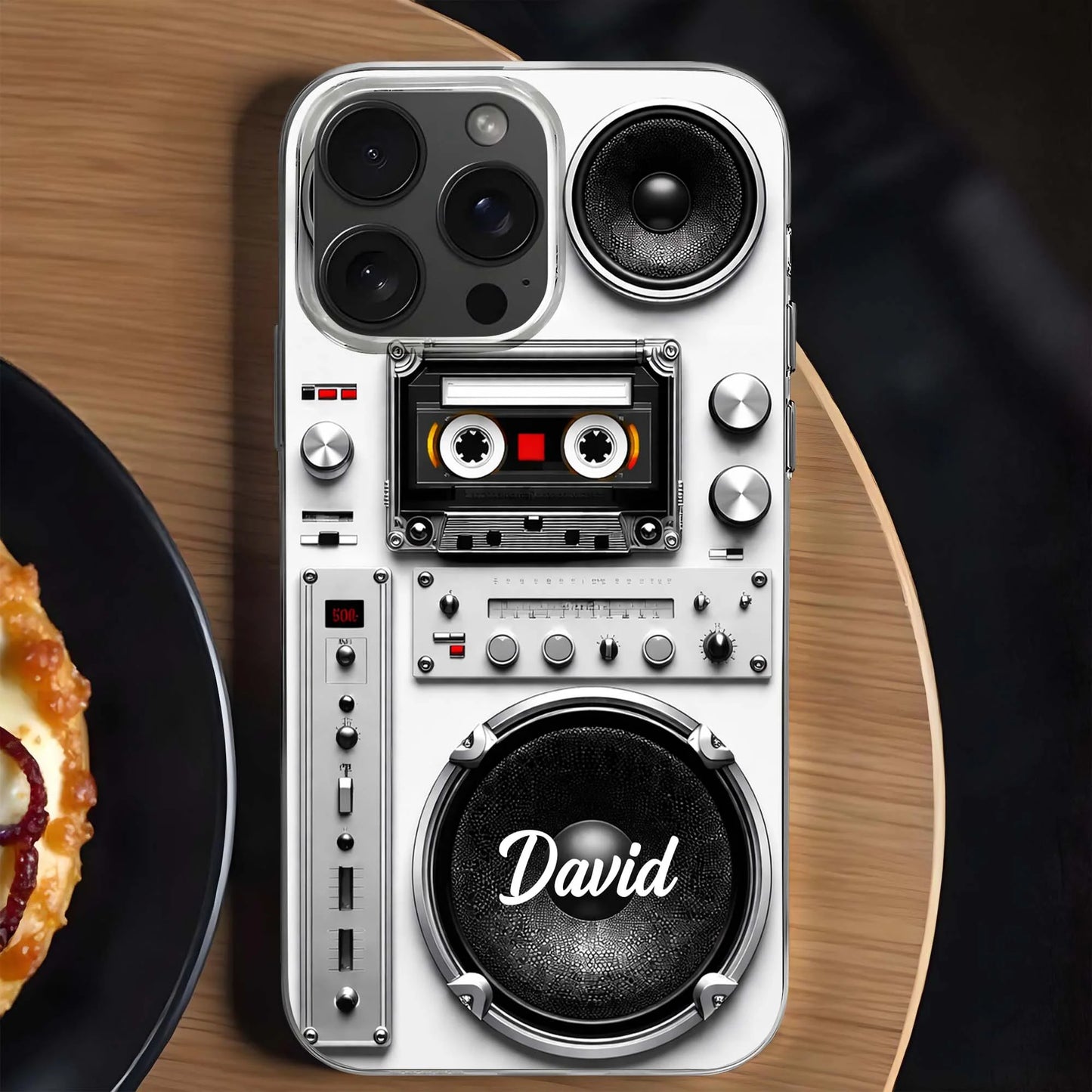 Personalized Retro Boombox Clear Phone Case for Boyfriend with personalized design details for meaningful gifting