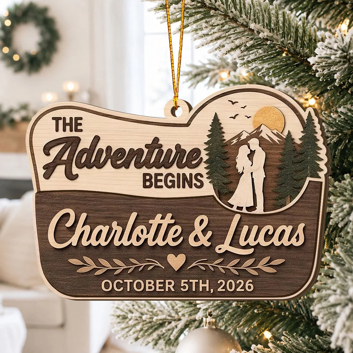 "The Adventure Begins" Personalized Wooden Ornament - Custom Wedding Keepsake for Couples
