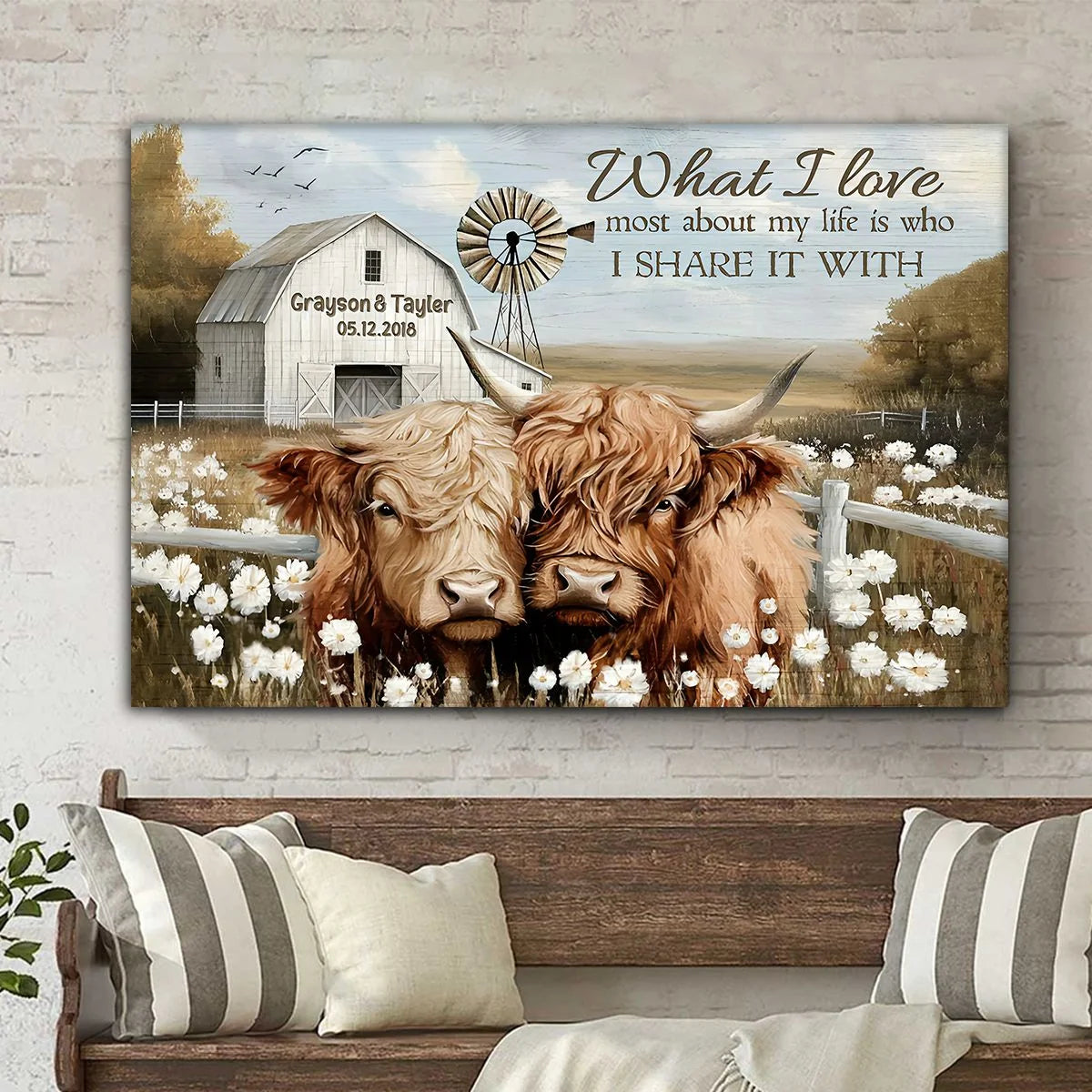 "What I Love Most About My Life" Personalized Highland Cow Canvas / Poster - Custom Wall Art for Couples Anniversary Gift