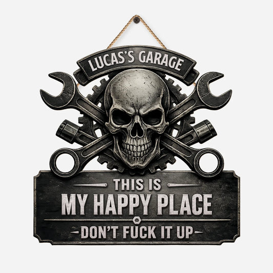 Personalized garage wood sign with skull and wrenches design for custom man cave decor gift