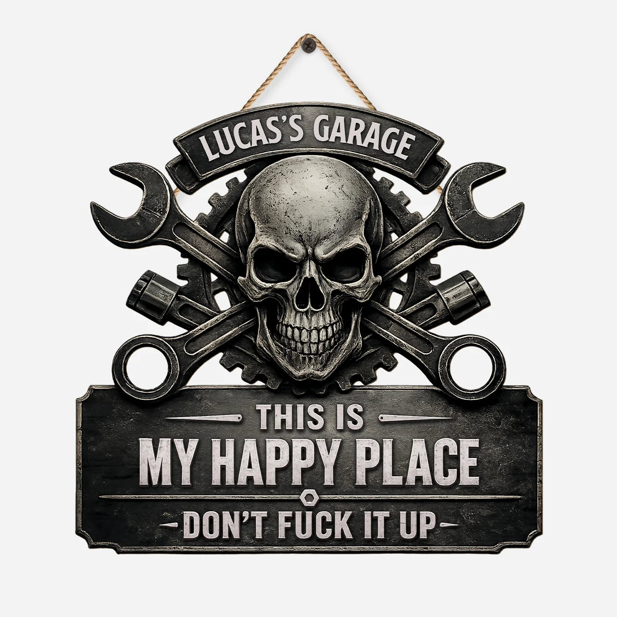 Personalized garage wood sign with skull and wrenches design for custom man cave decor gift