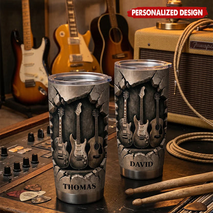 Personalized dog mom tumbler featuring 3D guitar designs on cracked stone with custom name printing for music lovers