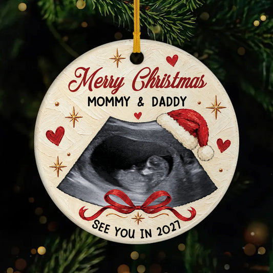 Merry Christmas Mommy & Daddy - Custom Ultrasound Ceramic Ornament for Expecting Parents