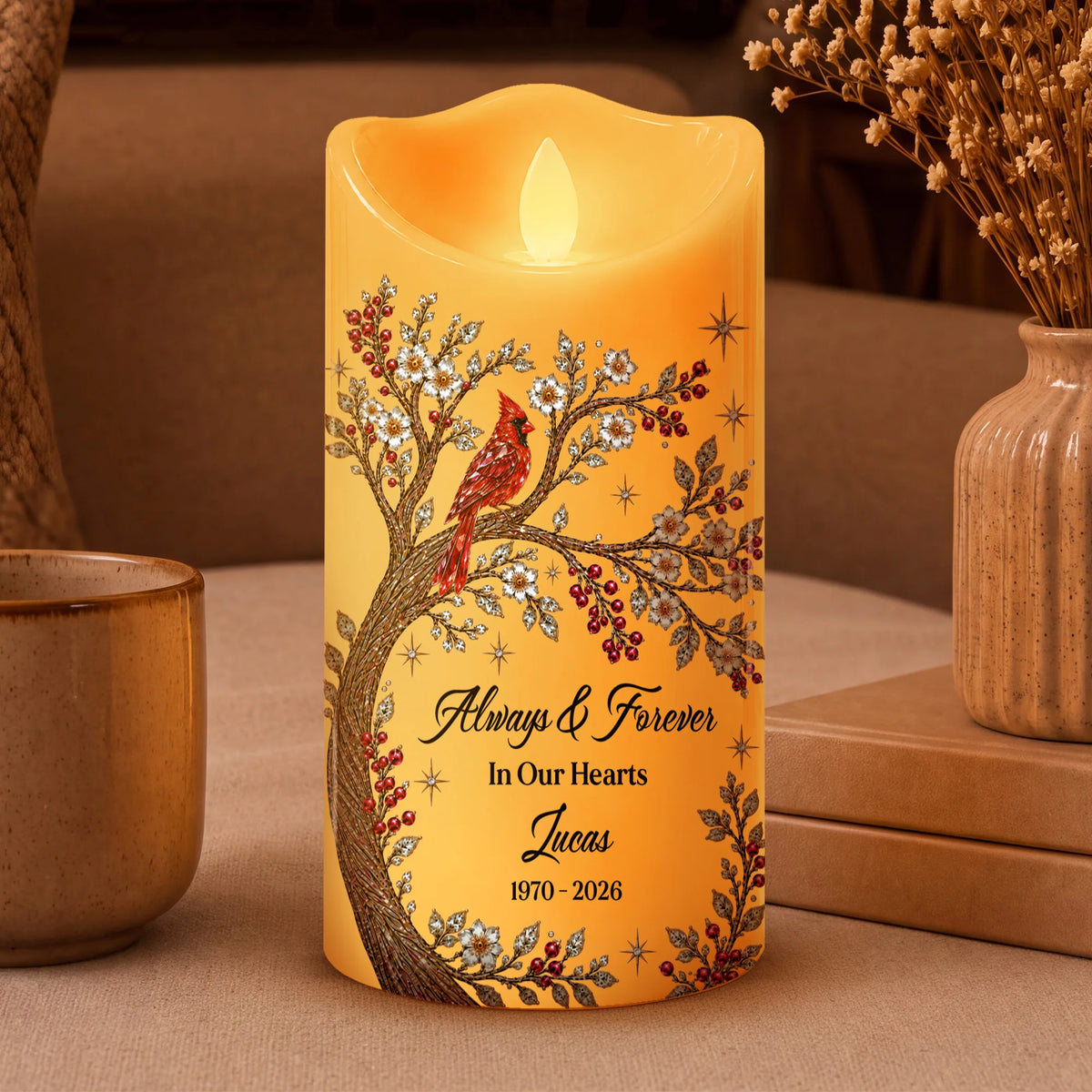 Always & Forever In Our Hearts Personalized LED Candle - Custom Cardinal Memorial Keepsake Gift for Family
