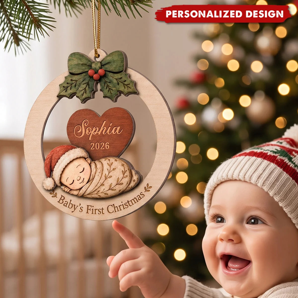 "Baby's First Christmas" Sleeping Baby Personalized Wooden Ornament - Custom Gift for New Parents