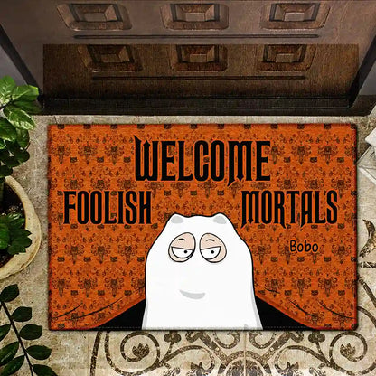 "Welcome Foolish Mortals" Personalized Doormat - Custom Halloween Decor for Cat Lovers