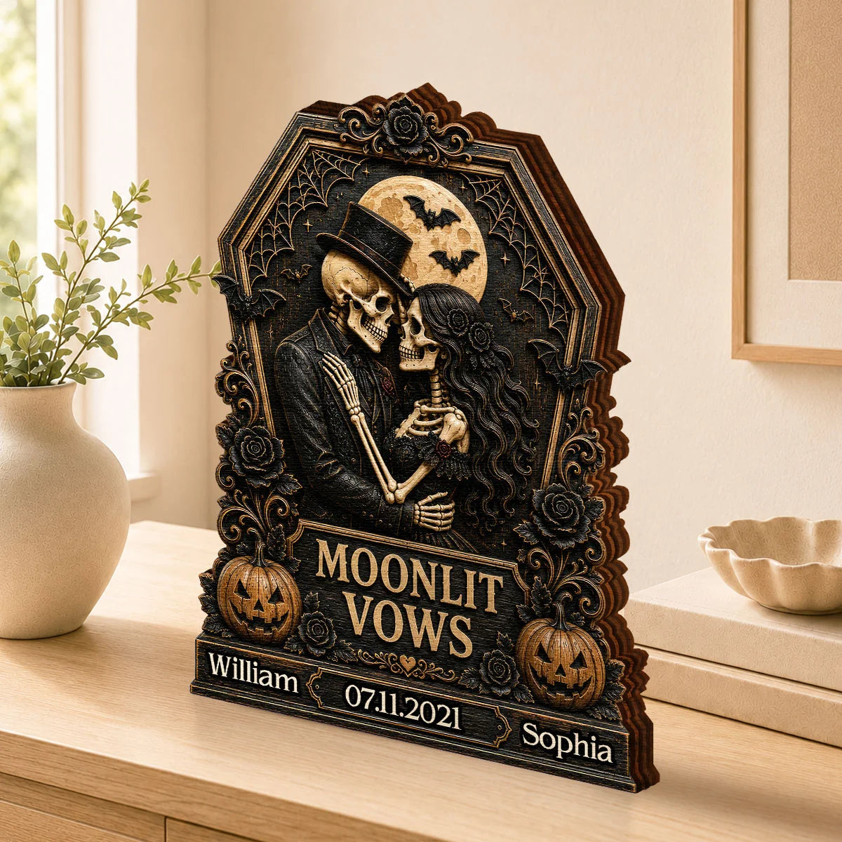 Moonlit Vows Skeleton Couple Personalized Wooden Block - Custom Halloween Wedding Anniversary Gift