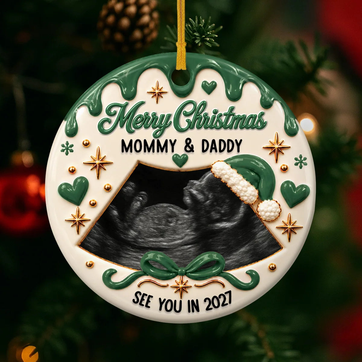 Merry Christmas Mommy & Daddy - Personalized Ultrasound Ceramic Ornament Keepsake Gift