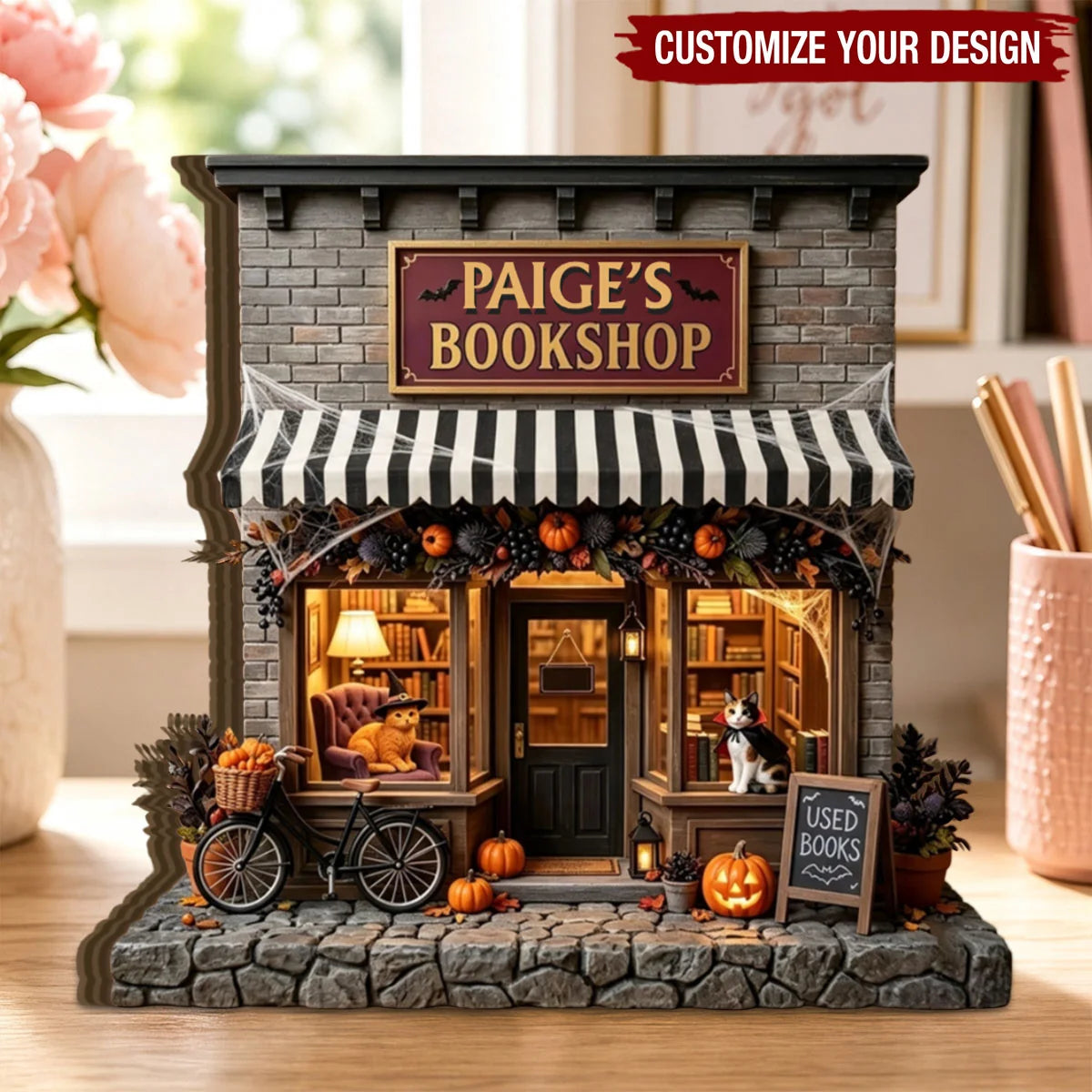 Custom Bookshop Wooden Block - Personalized Halloween Decor Gift