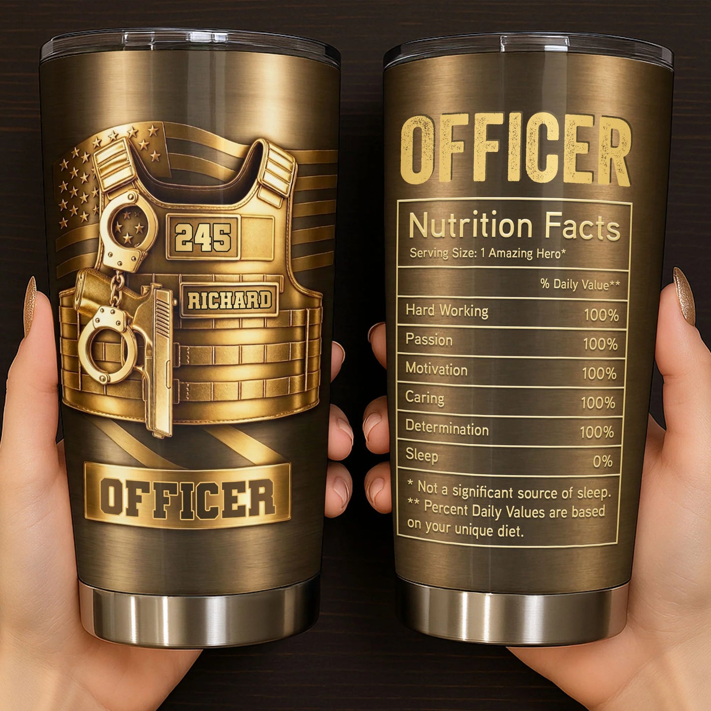 Personalized police officer tumbler with tactical vest and nutrition facts chart - custom gift for law enforcement
