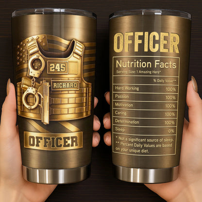 Personalized police officer tumbler with tactical vest and nutrition facts chart - custom gift for law enforcement