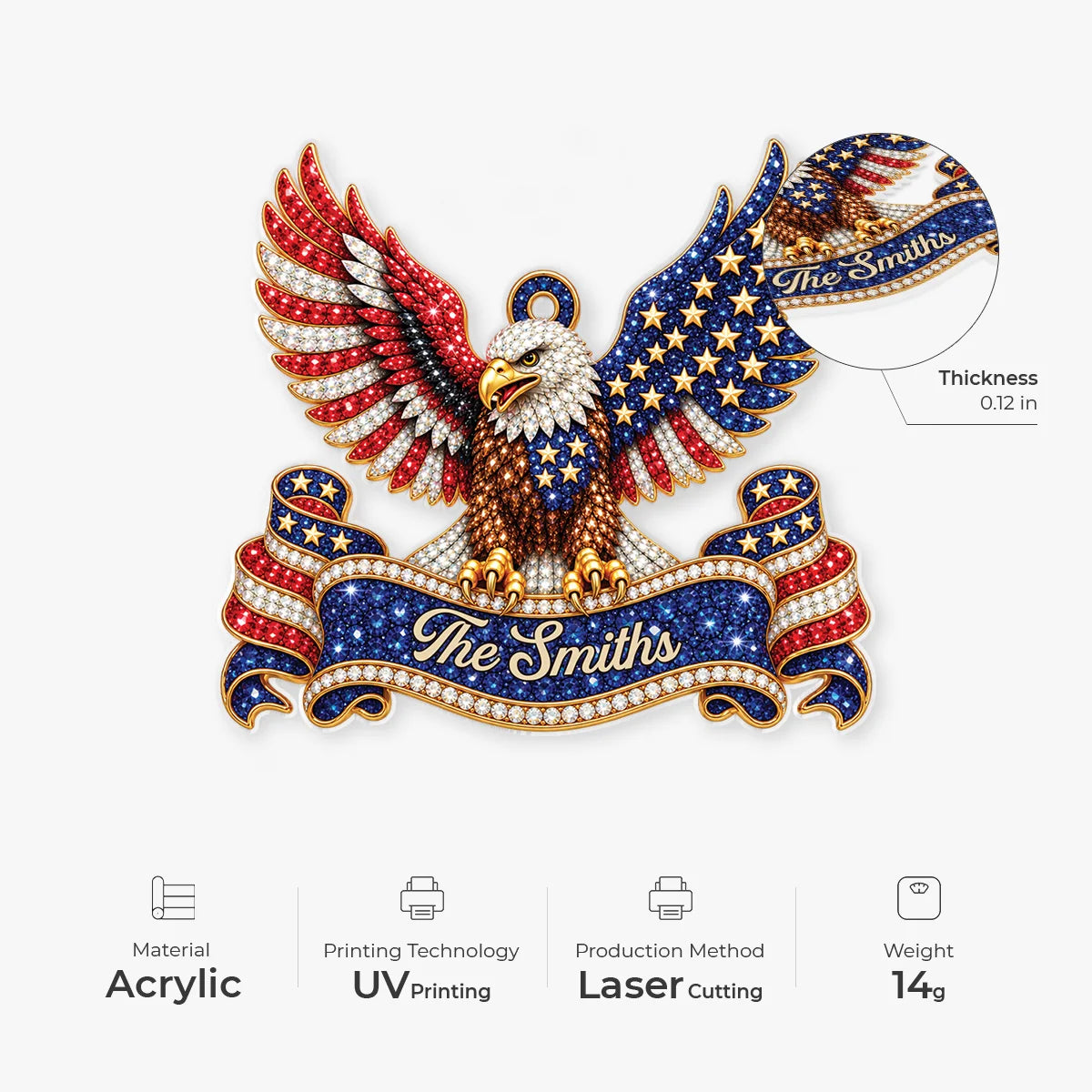 Patriotic American Eagle Personalized Acrylic Ornament - Christmas Gift for Military Veteran & Family