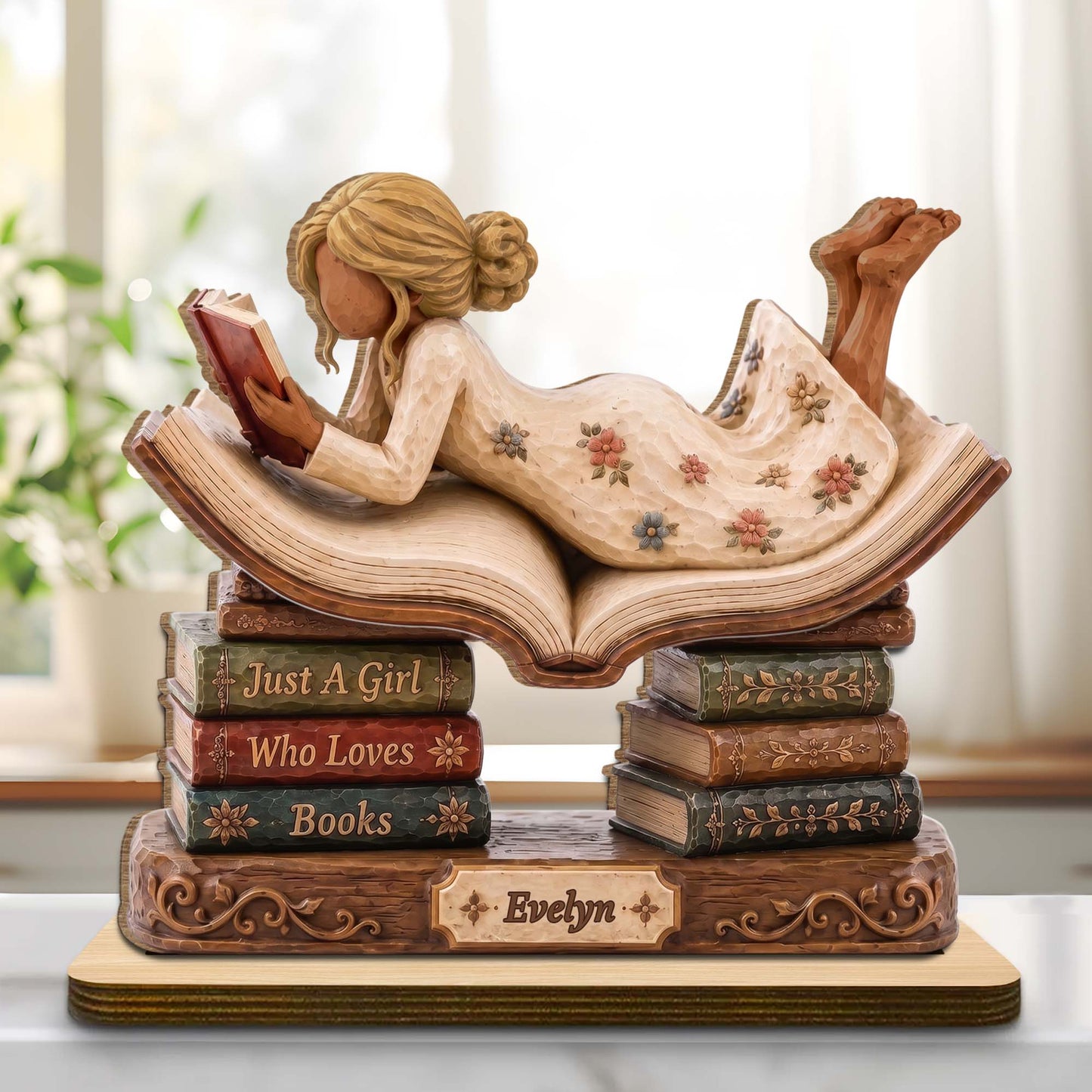 Personalized book lover wood plaque featuring a girl reading on a stack of books with custom name engraving image 8