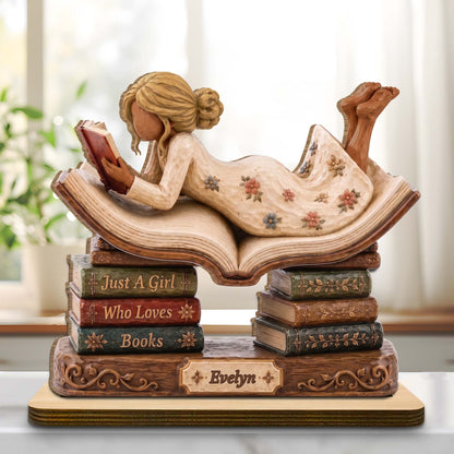 Personalized book lover wood plaque featuring a girl reading on a stack of books with custom name engraving image 8