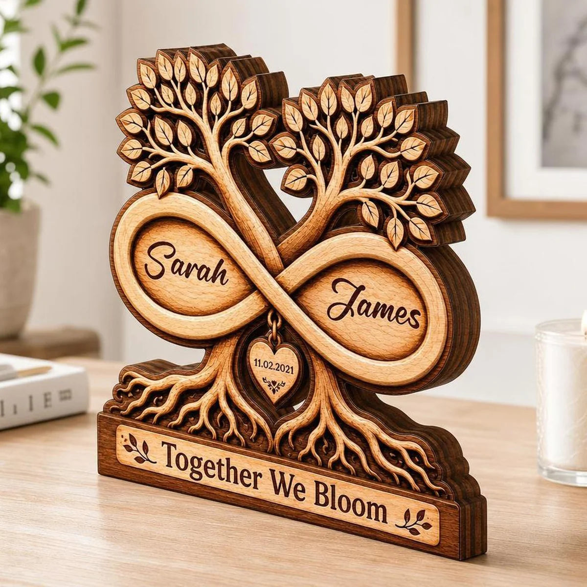 Together We Bloom Infinity Tree Personalized Wooden Block - Custom Anniversary & Wedding Keepsake Gift for Couples
