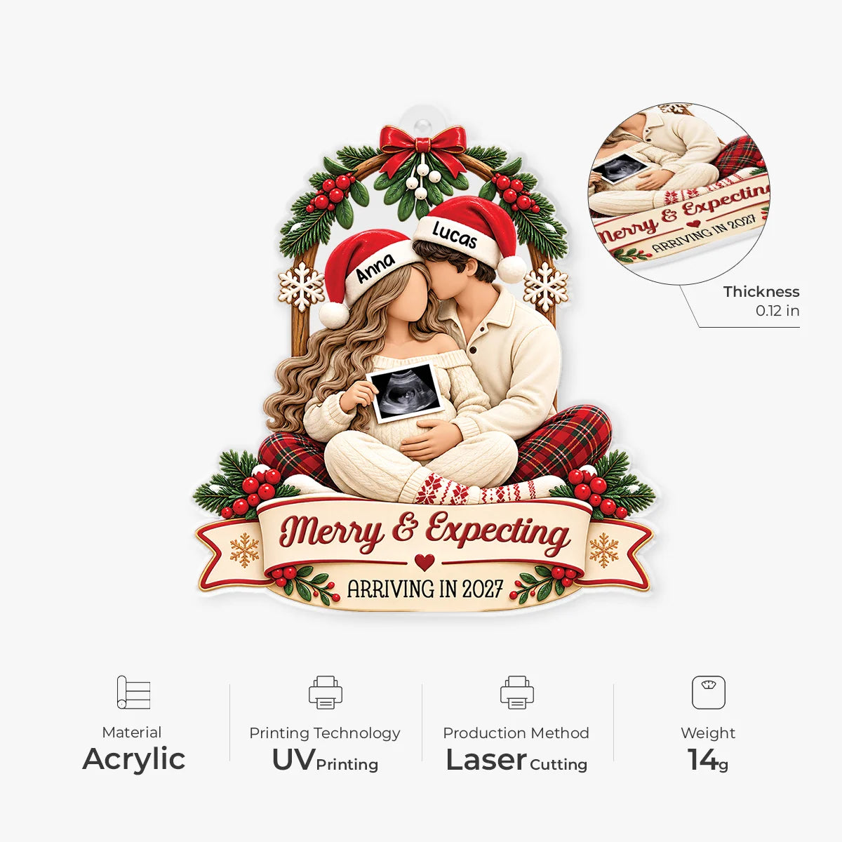 "Merry & Expecting" Personalized Acrylic Ornament for Mom and Dad to Be - Custom Ultrasound Christmas Keepsake