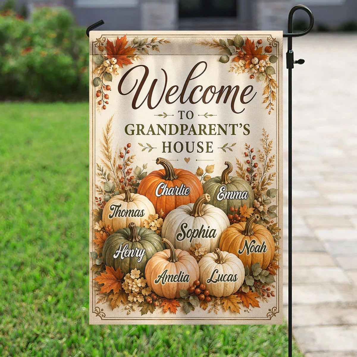 Welcome to Grandparent's House - Personalized Fall Garden Flag for Grandma and Grandpa