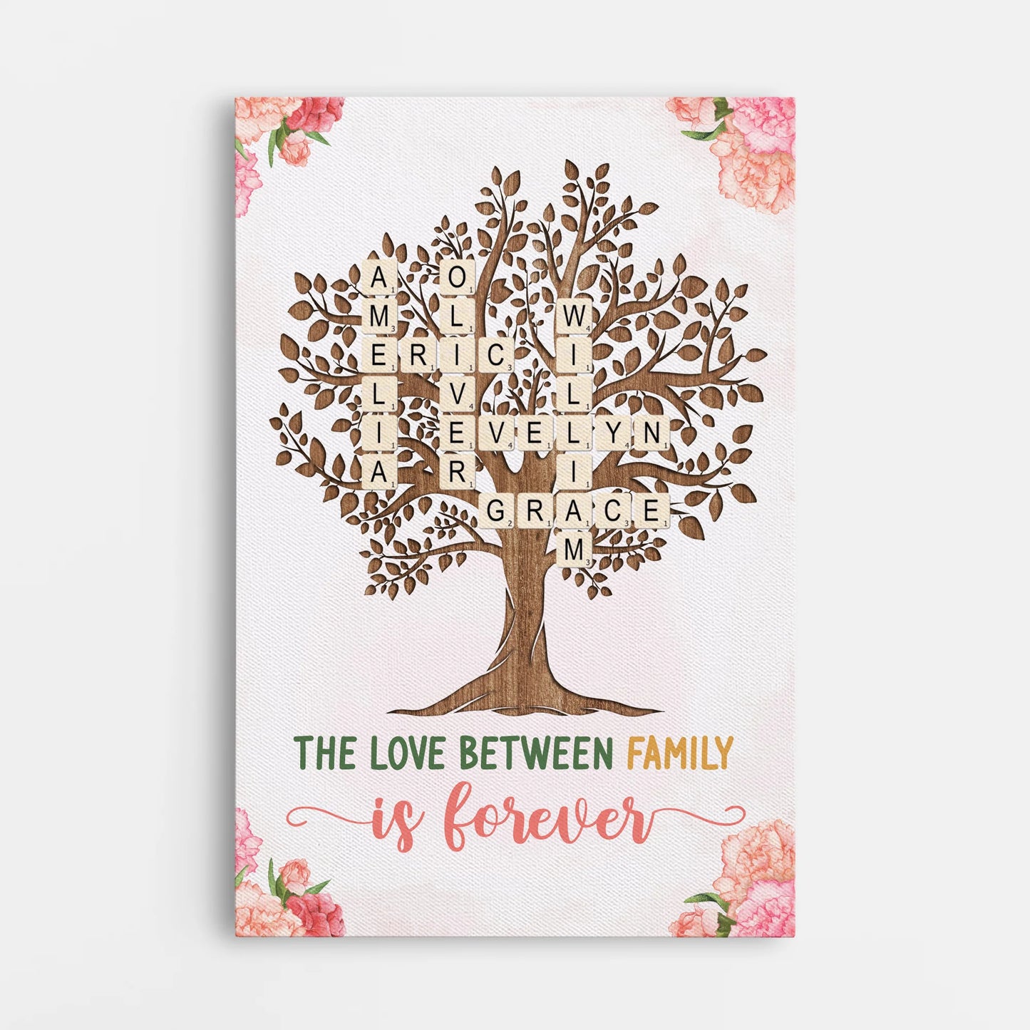 "The Love Between Family Is Forever" Personalized Family Tree Canvas / Poster - Custom Crossword Wall Art Gift