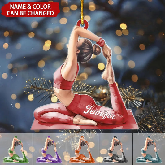 Personalized yoga girl acrylic ornament with custom name and hair color on a Christmas tree background