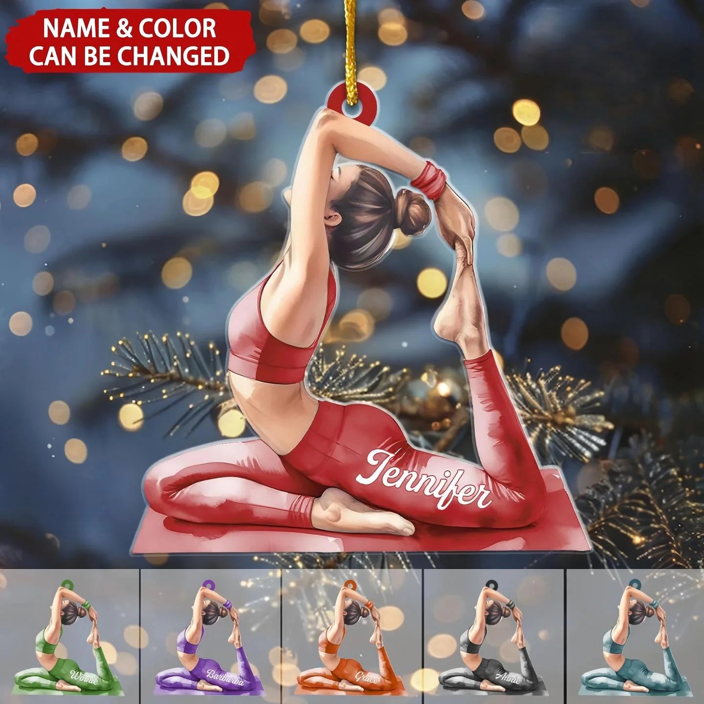 Personalized yoga girl acrylic ornament with custom name and hair color on a Christmas tree background