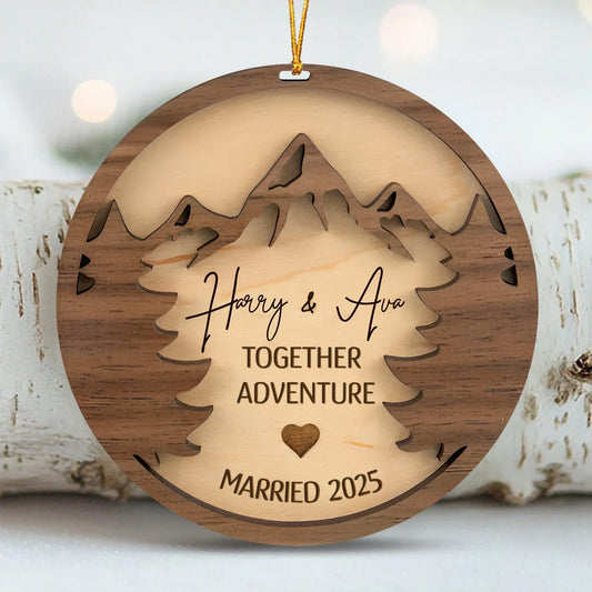 "Our Adventure Awaits" Custom Engagement Wooden Ornament - Personalized Keepsake Gift for Couples