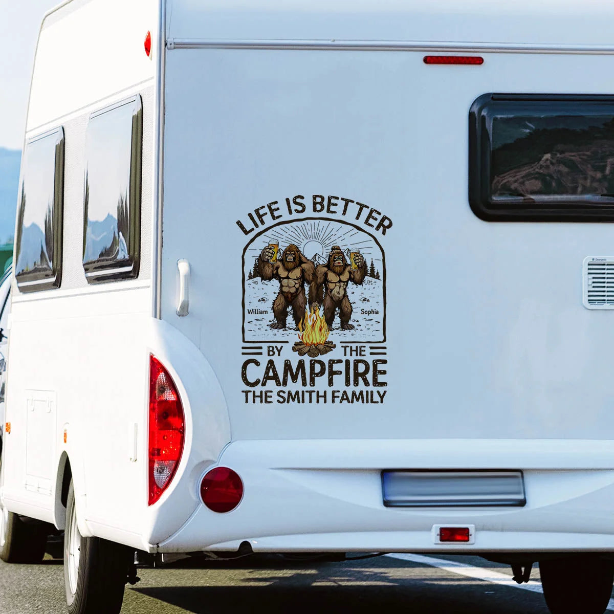 Life Is Better By The Campfire Bigfoot Couple - Personalized RV Decal Sticker Gift