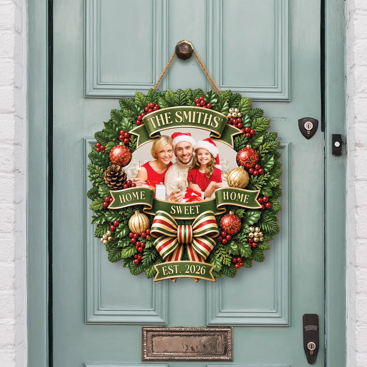 Home Sweet Home Personalized Wood Sign - Custom Christmas Wreath Door Hanger for Family