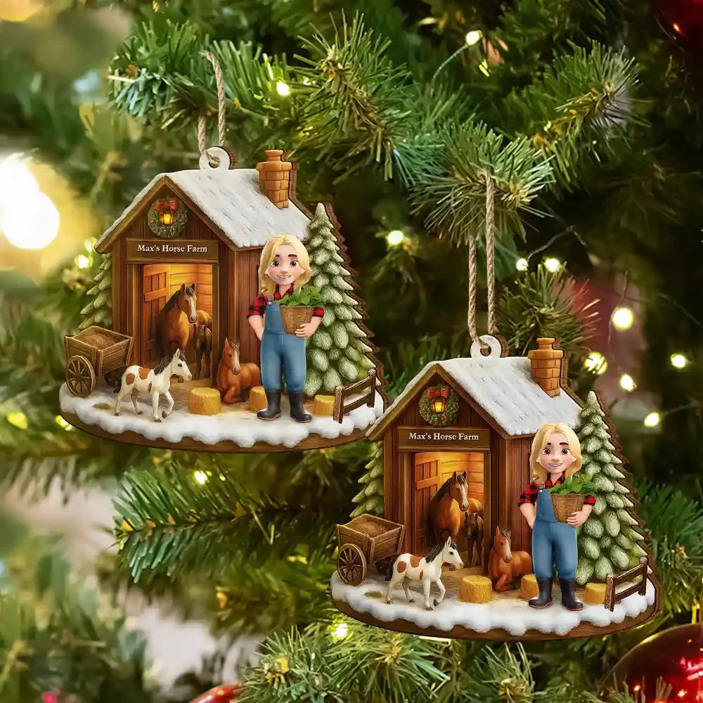 Horse Farm Personalized Wooden Ornament - Custom Winter Barn Keepsake Gift for Equestrians