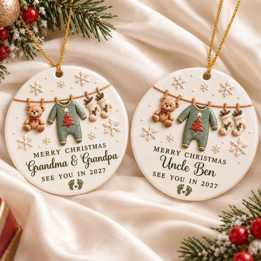 "See You in 2027" Personalized Pregnancy Announcement Ceramic Ornament - Christmas Keepsake for Grandparents