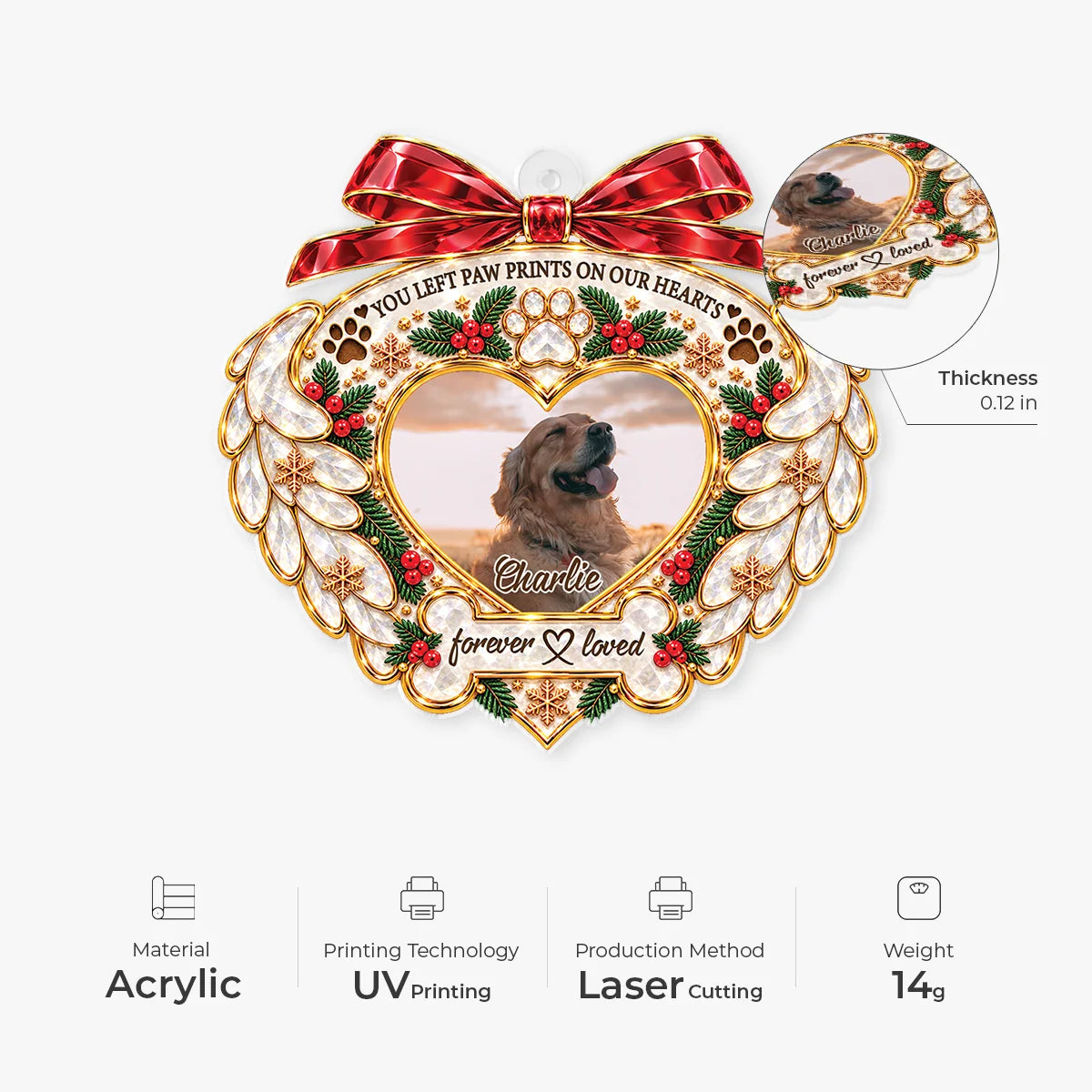 "You Left Paw Prints On Our Hearts" Personalized Pet Memorial Acrylic Ornament - Custom Gift for Dog and Cat Lovers