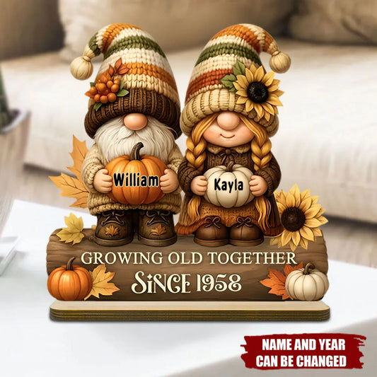 Personalized couple anniversary plaque with custom gnome design and pumpkins for fall anniversary gift